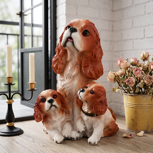 Cavalier King Charles Family Resin Statue, Garden Pet Group Sculpture, Gift for Dog Lovers