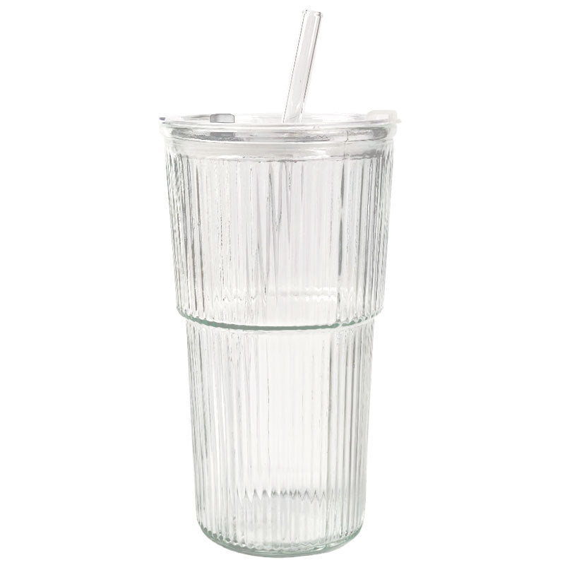 19oz Ribbed Glass Tumblers with Lids & Straws