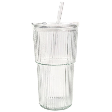 19oz Ribbed Glass Tumblers with Lids & Straws