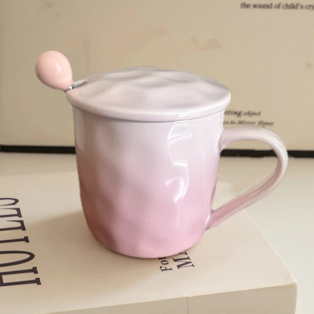 12 oz Pleated Ceramic Mug with Lid and Spoon