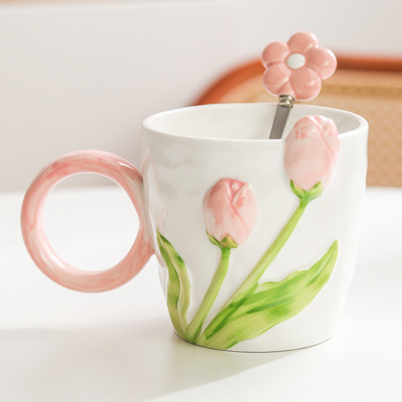 16.2 oz Tulip Ceramic Mug with 3D Floral Design