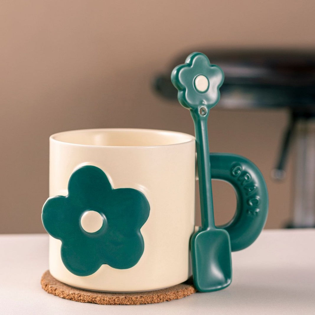 Large 13.5 oz Reactive Glaze Ceramic Mugs with Spoons