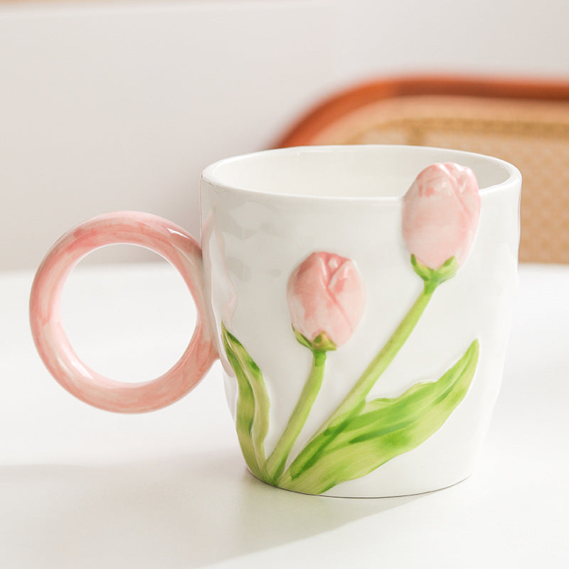 16.2 oz Tulip Ceramic Mug with 3D Floral Design
