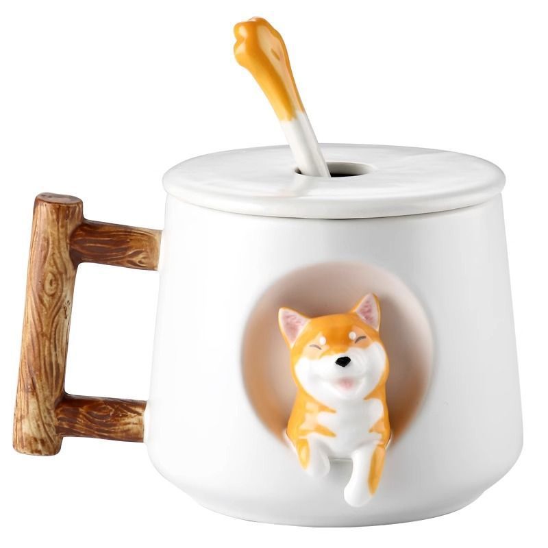 3D Ceramic Dog Mug with Lid and Spoon – 14-Ounce Capacity for Coffee, Tea, and Other Beverages