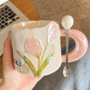 Ceramic Coffee Mug with Floral Design, Includes Spoon, 380 ml