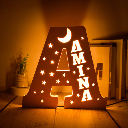 Custom 26 Letters Name Wall Decor LED Night Light Personalized With Stars Wooden Lamp
