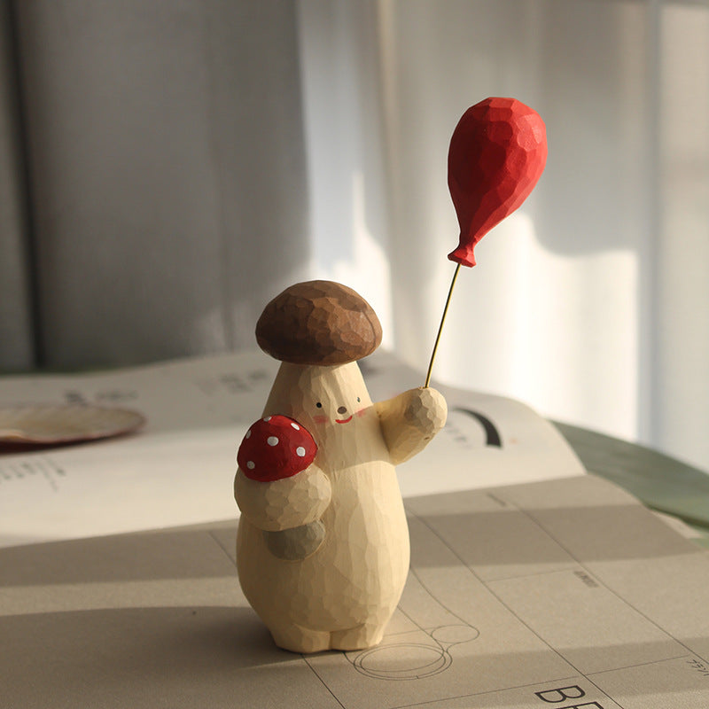 Hand-Carved Mushroom Girl Figurine with Red Balloon