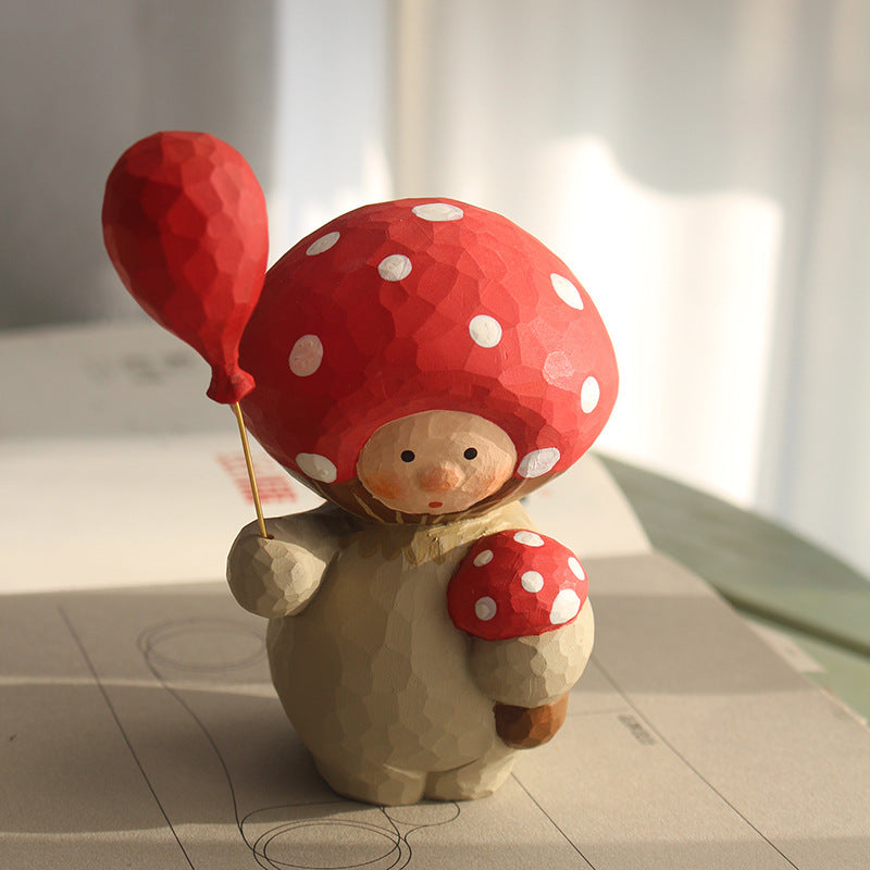 Hand-Carved Mushroom Girl Figurine with Red Balloon