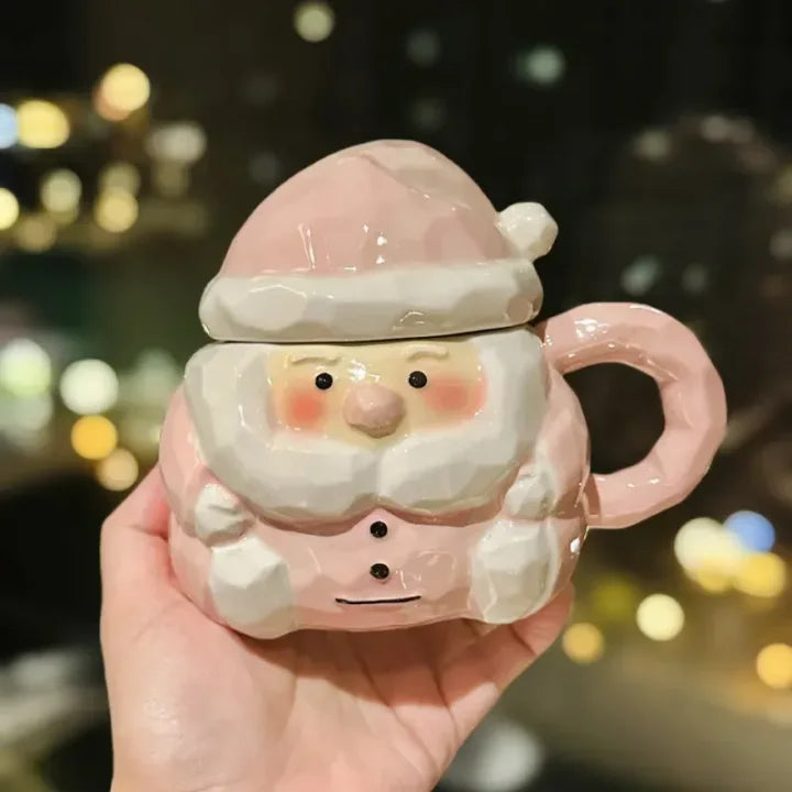 Santa Claus Mug with Lid - Red and Pink Ceramic Holiday Cup with Gift Box