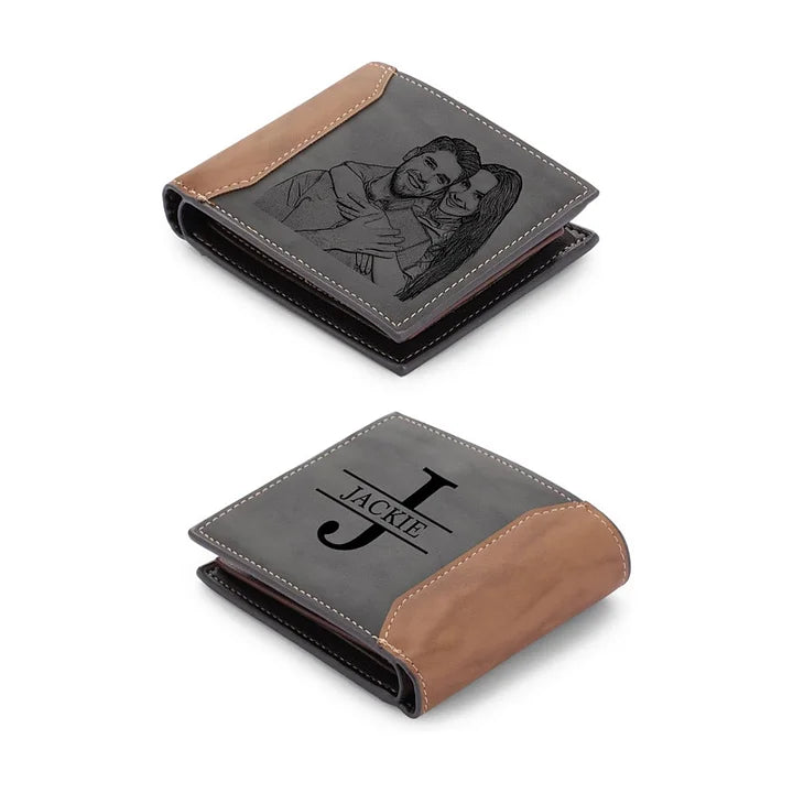 Personalized Engraved PU Leather Wallet with Custom Photo, Name, and Initial