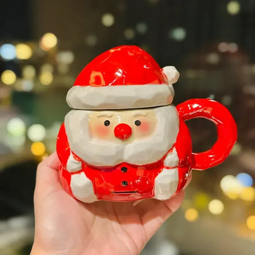 Santa Claus Mug with Lid - Red and Pink Ceramic Holiday Cup with Gift Box