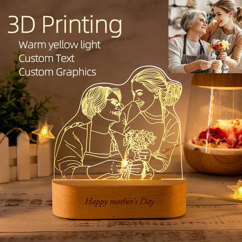 Personalized 3D Night Light USB Wooden Base DIY Acrylic Lamp