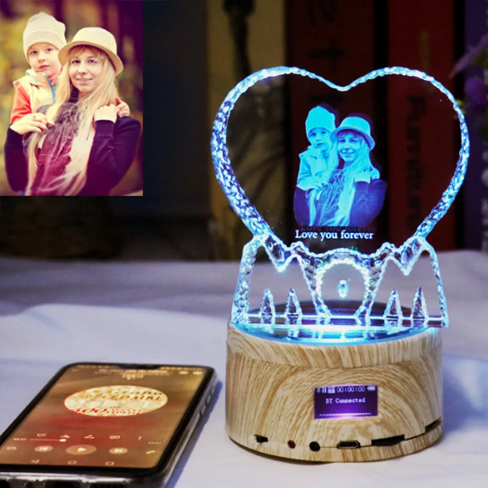 Love Crystal Photo Customized Picture Text Night Light Bluetooth Music Player