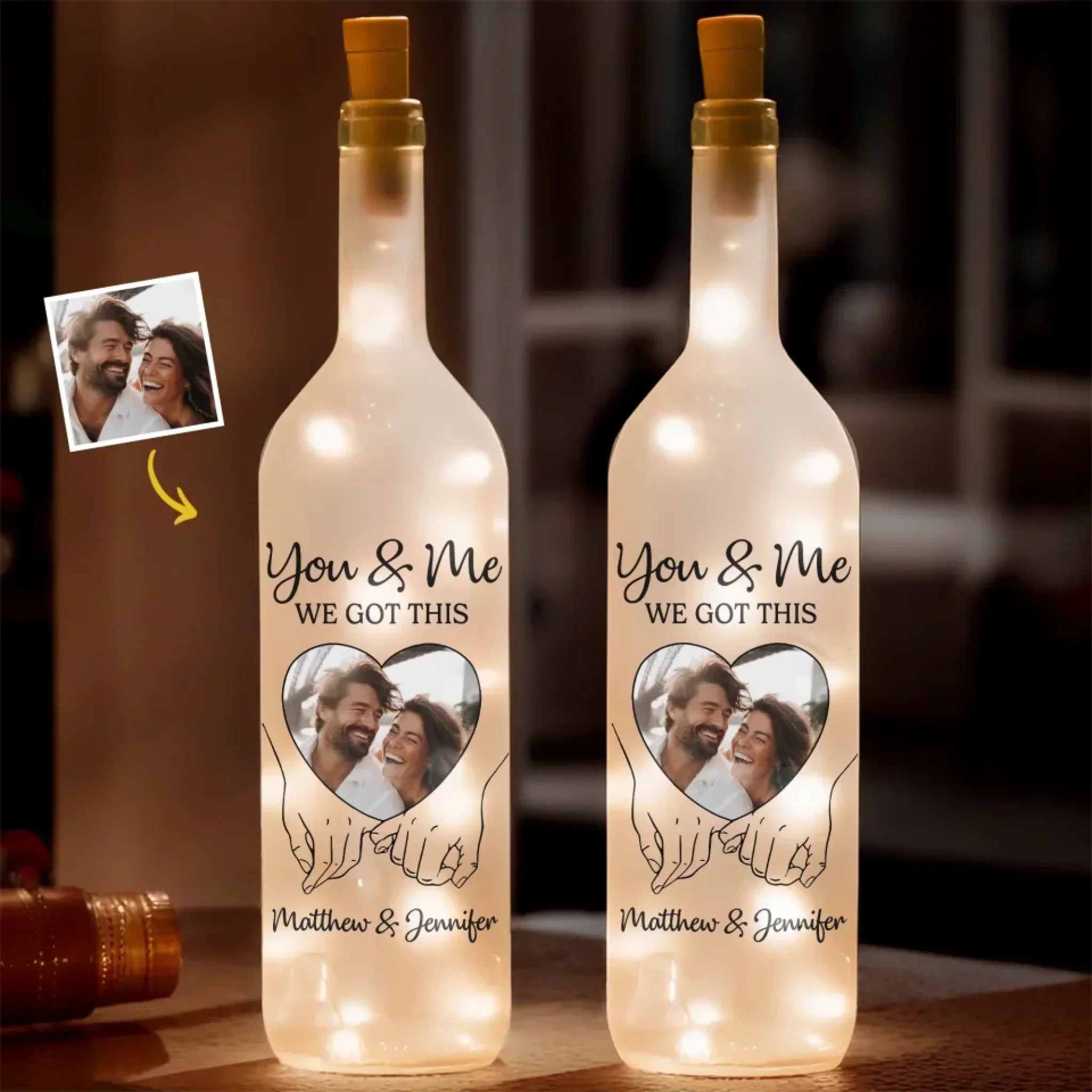 Custom Photo Bottle Lamp with LED Lights - Personalized Anniversary or Wedding Gift