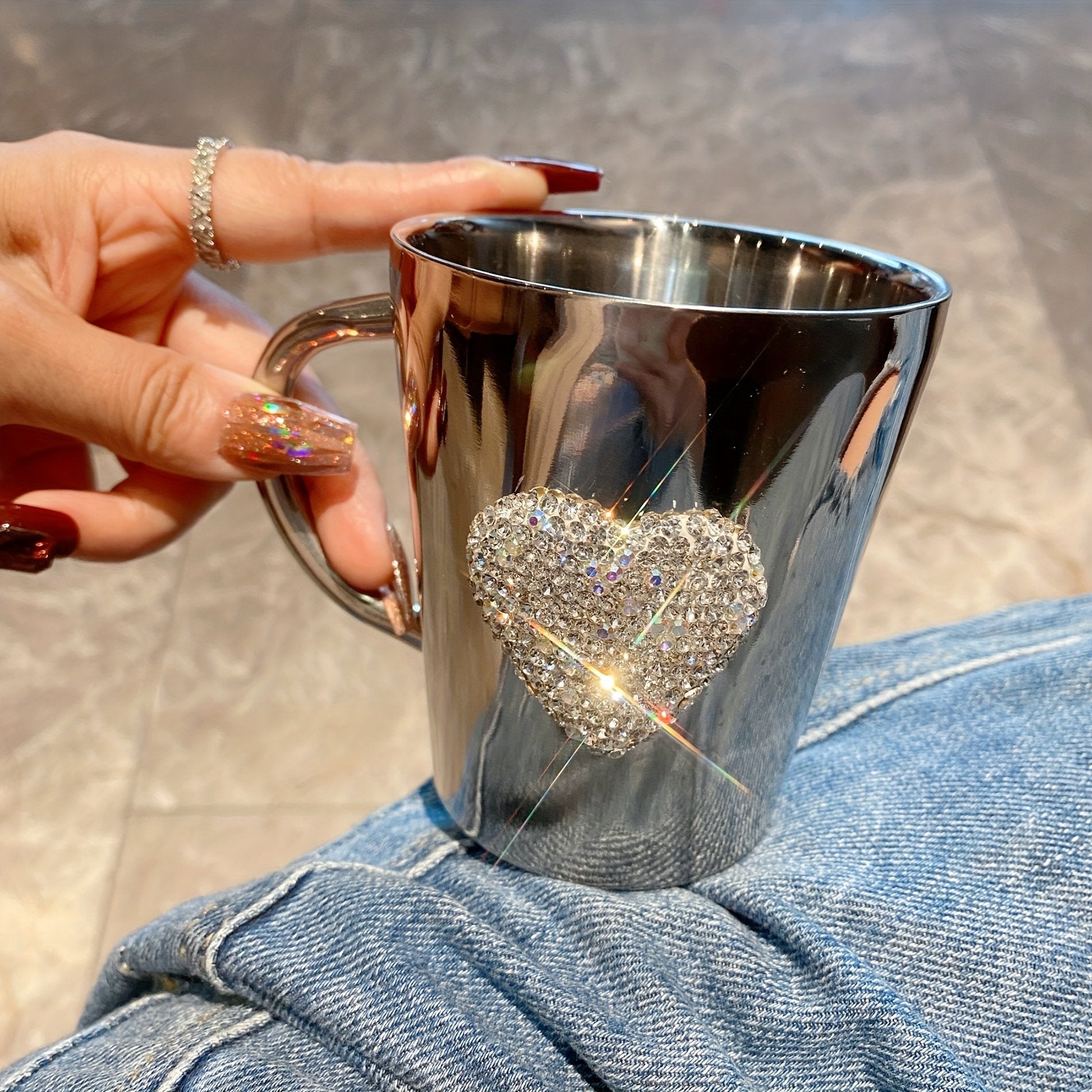 Heart-Shaped Crystal Rhinestone Stainless Steel Coffee & Beer Mug