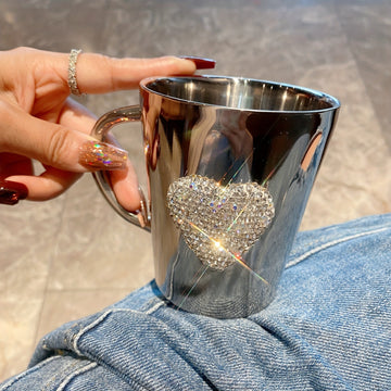 Heart-Shaped Crystal Rhinestone Stainless Steel Coffee & Beer Mug