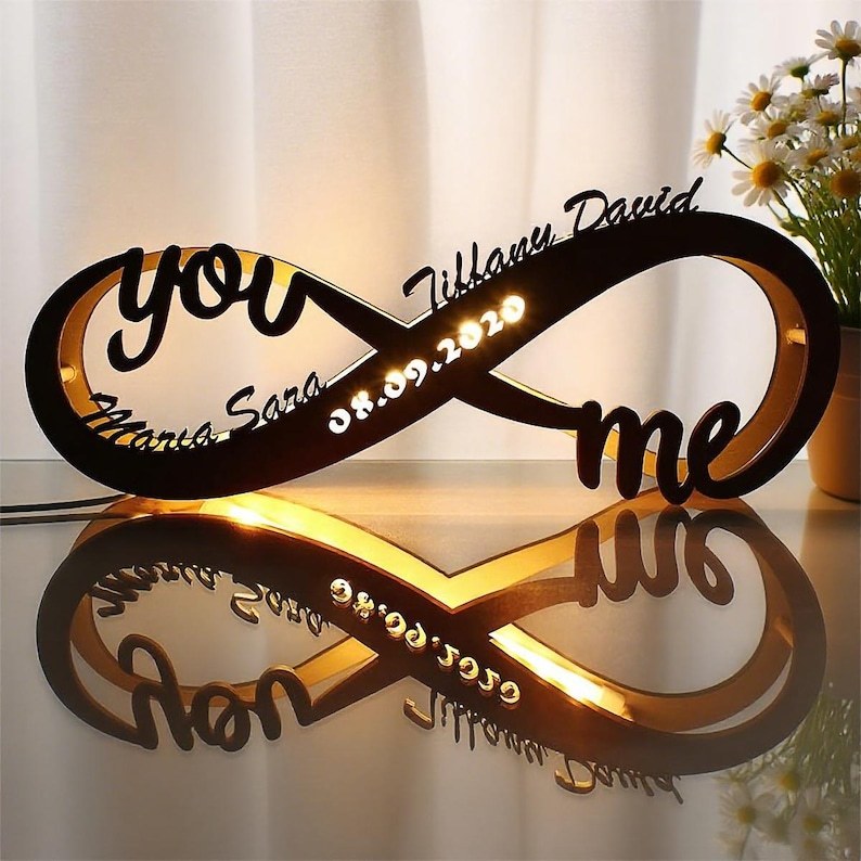 Customizable "You & Me" Infinity Symbol LED Night Lamp in Wood