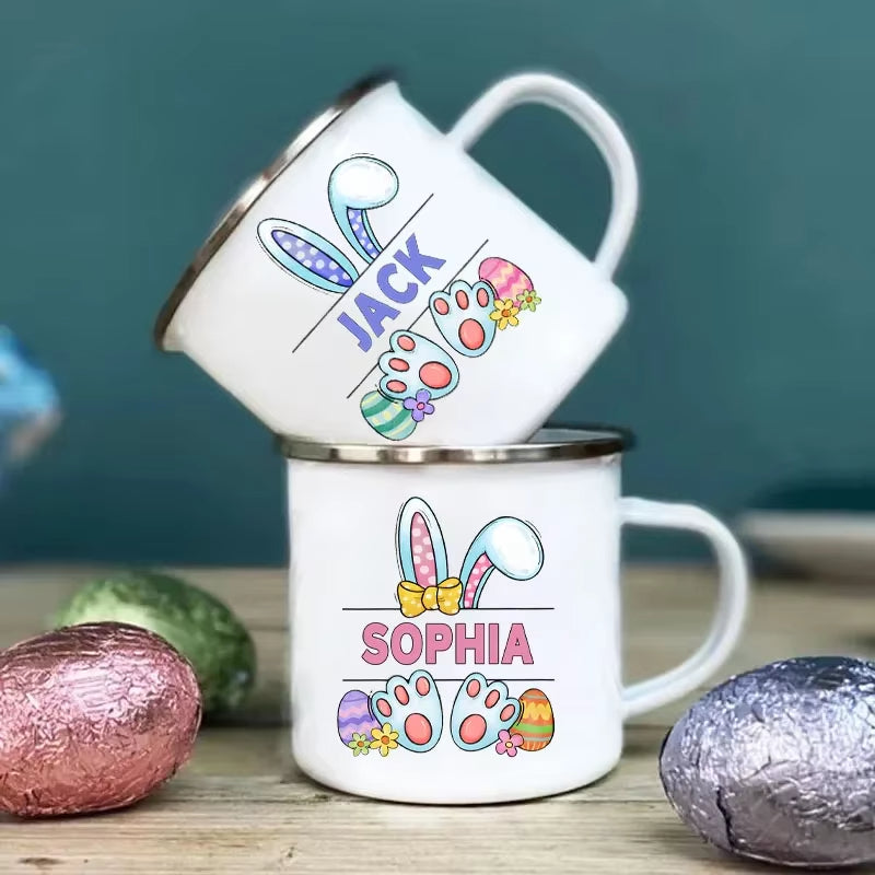 Personalized Bunny Easter Enamel Mugs Custom Name Kids Cocoa Chocolate Sibling Mug