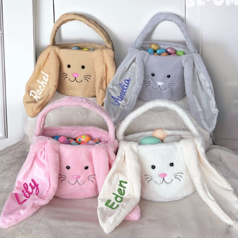 Custom Cute Furry Easter Bunny Basket with Glitter Name