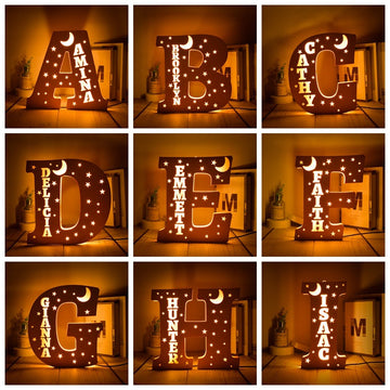 Custom 26 Letters Name Wall Decor LED Night Light Personalized With Stars Wooden Lamp