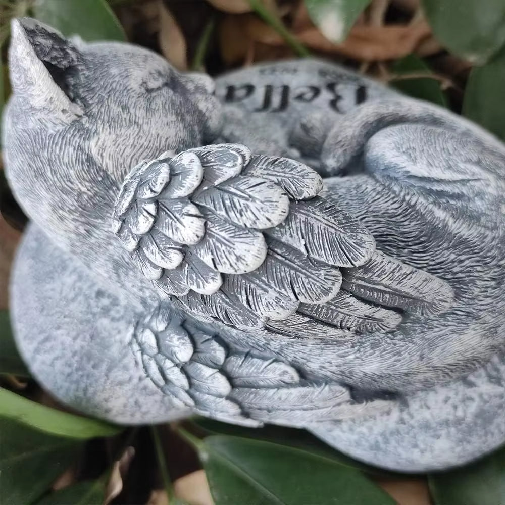Angel Cat Memorial Garden Statue Stones Grave Markers with a Cat Sleeps on The Heart-Shaped Stone
