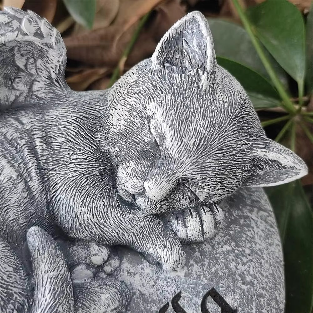 Angel Cat Memorial Garden Statue Stones Grave Markers with a Cat Sleeps on The Heart-Shaped Stone