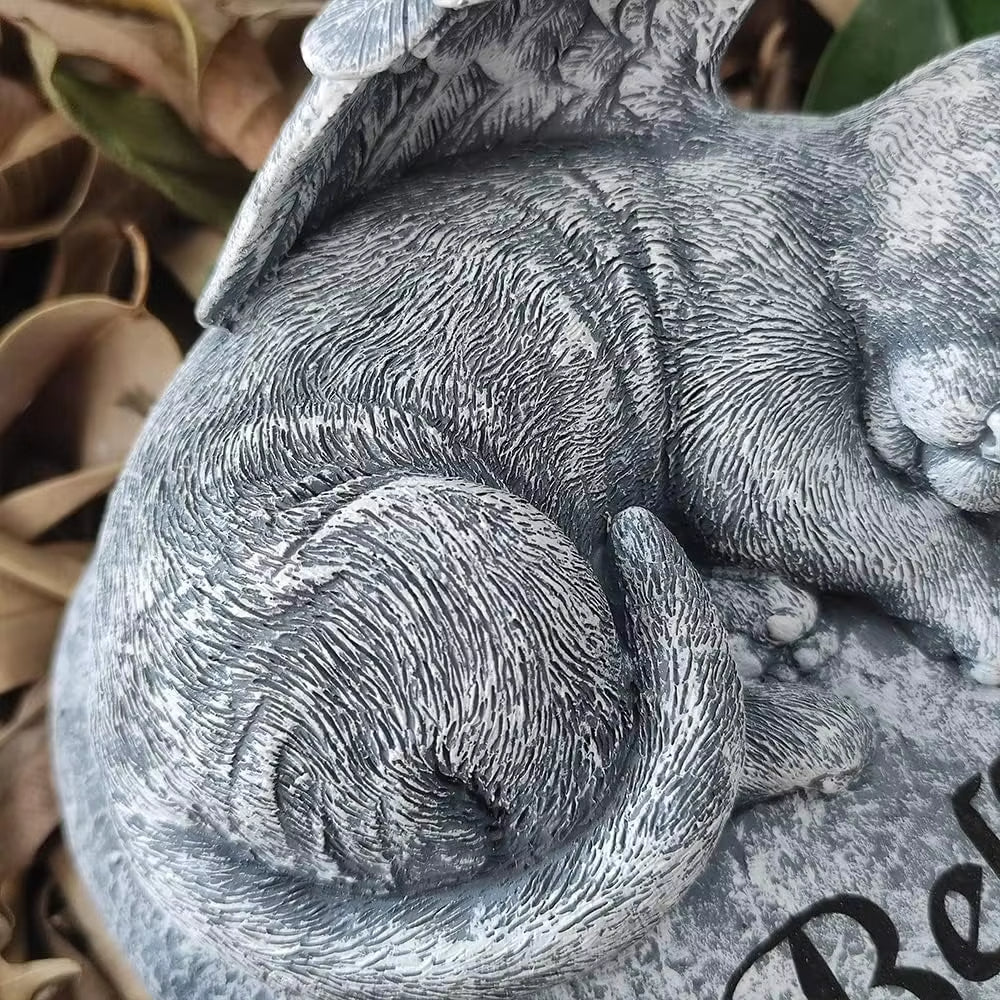 Angel Cat Memorial Garden Statue Stones Grave Markers with a Cat Sleeps on The Heart-Shaped Stone