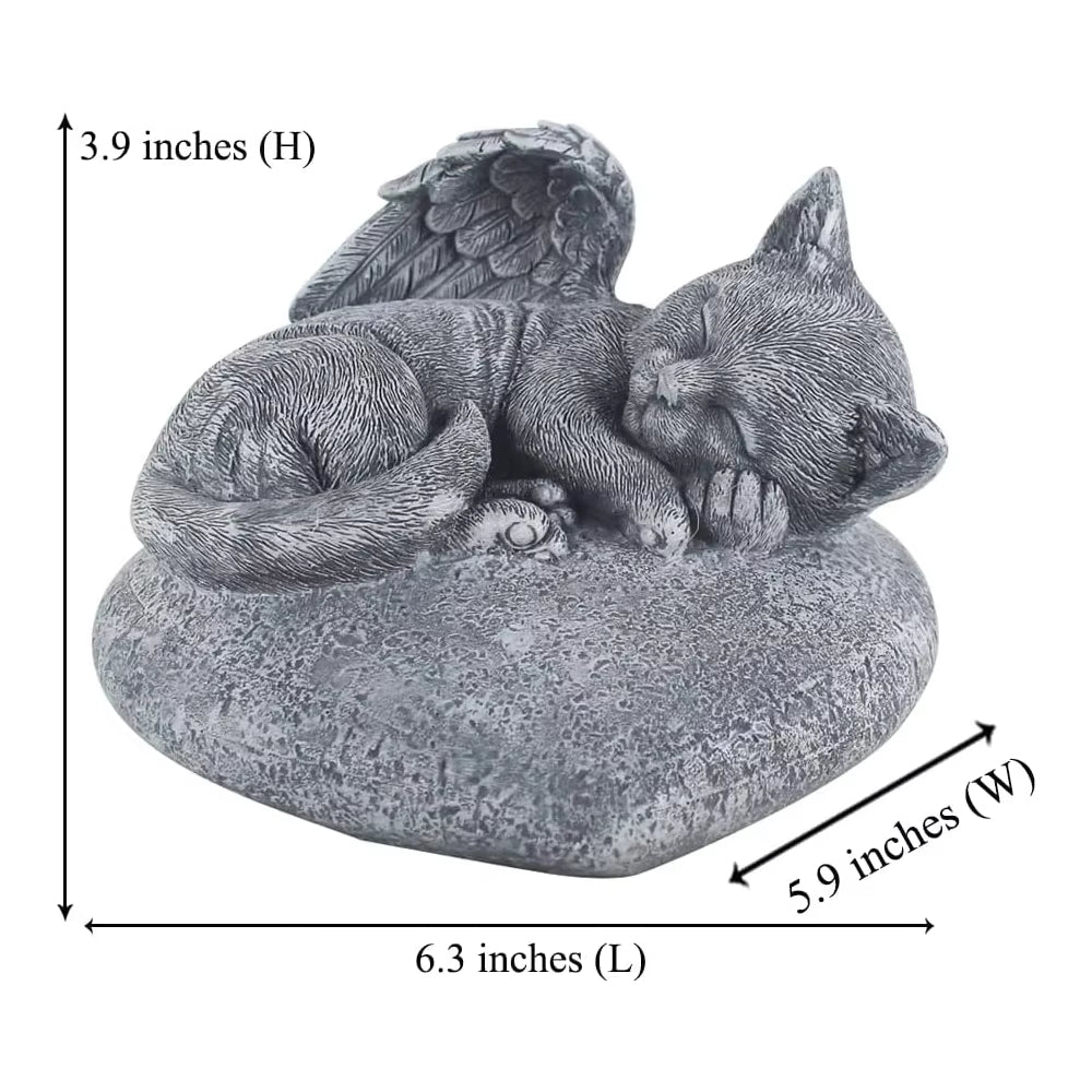 Angel Cat Memorial Garden Statue Stones Grave Markers with a Cat Sleeps on The Heart-Shaped Stone