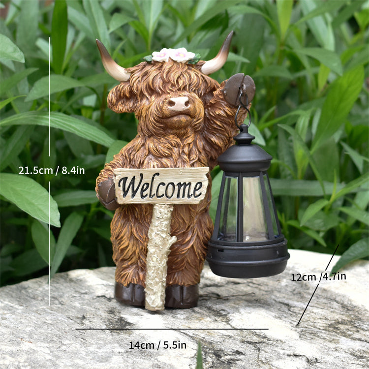 Highland Cow Solar Garden Statue with Lantern