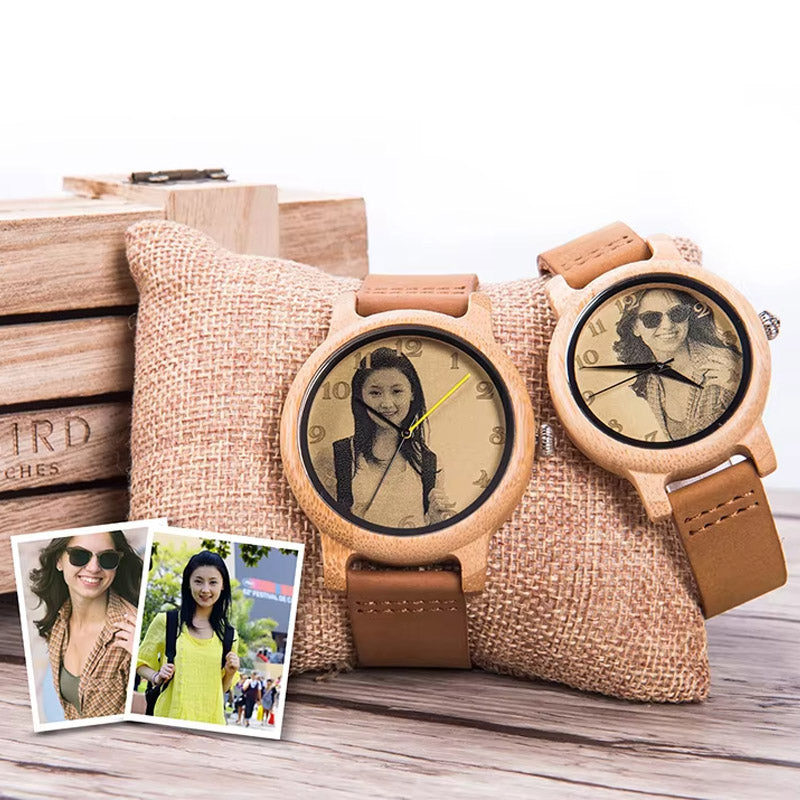 Ultra-High Precision Laser Photo Wood Watch Genuine Leather Strap Customize Unique Christmas Gift